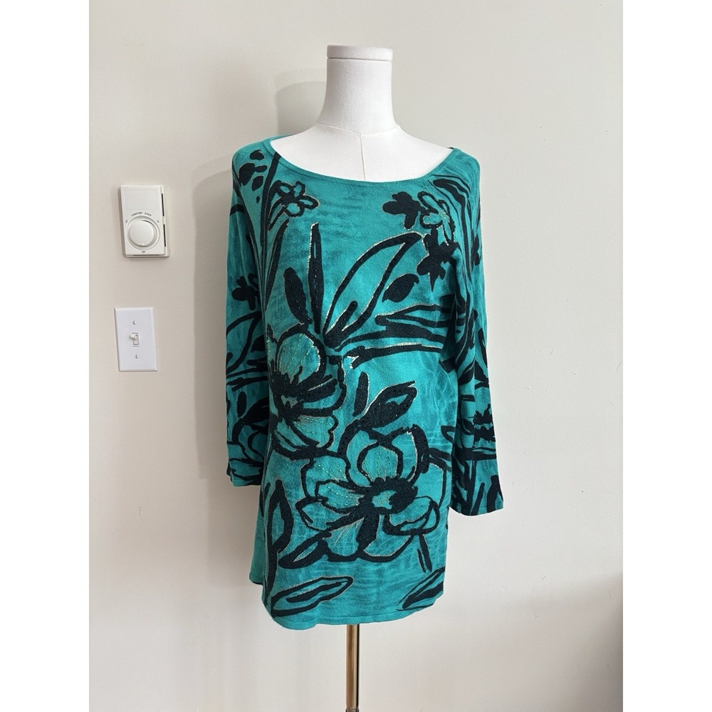 Vintage Y2K Cache Knit Sweater Tunic Top Teal Black Floral Beaded Small 2000s